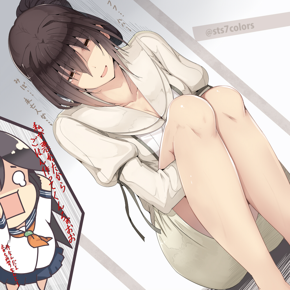 1girl blue_skirt brown_eyes brown_hair dutch_angle hair_between_eyes head_tilt hugging_own_legs miniskirt open_mouth orange_neckwear original pleated_skirt puffy_sleeves school_uniform serafuku shirt sidelocks sitting skirt sts thighs white_shirt