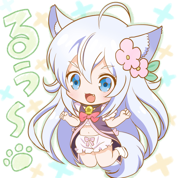 1girl :3 :d ahoge animal_ear_fluff animal_ears bloomers blue_eyes cheat_kusushi_no_slow_life chibi fang flower hair_flower hair_ornament hanpen_moufu long_hair midriff noela_(cheat_kusushi_no_slow_life) open_mouth silver_hair simple_background smile solo tail underwear wolf_ears wolf_girl wolf_tail