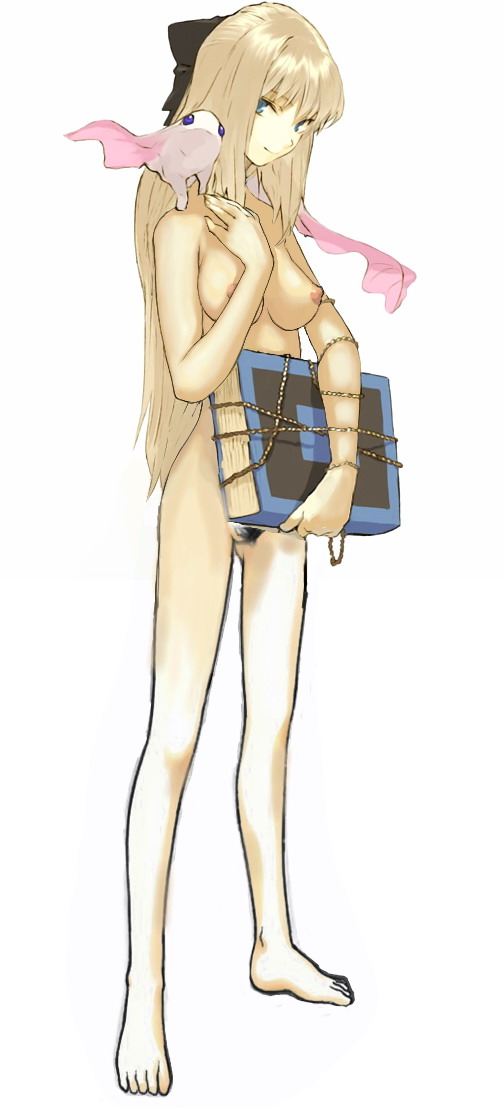1girl book bow casual cyrille_(shining_force_exa) female_focus female_pubic_hair long_hair nude nude_filter pubic_hair sega shining_(series) shining_force_exa solo third-party_edit