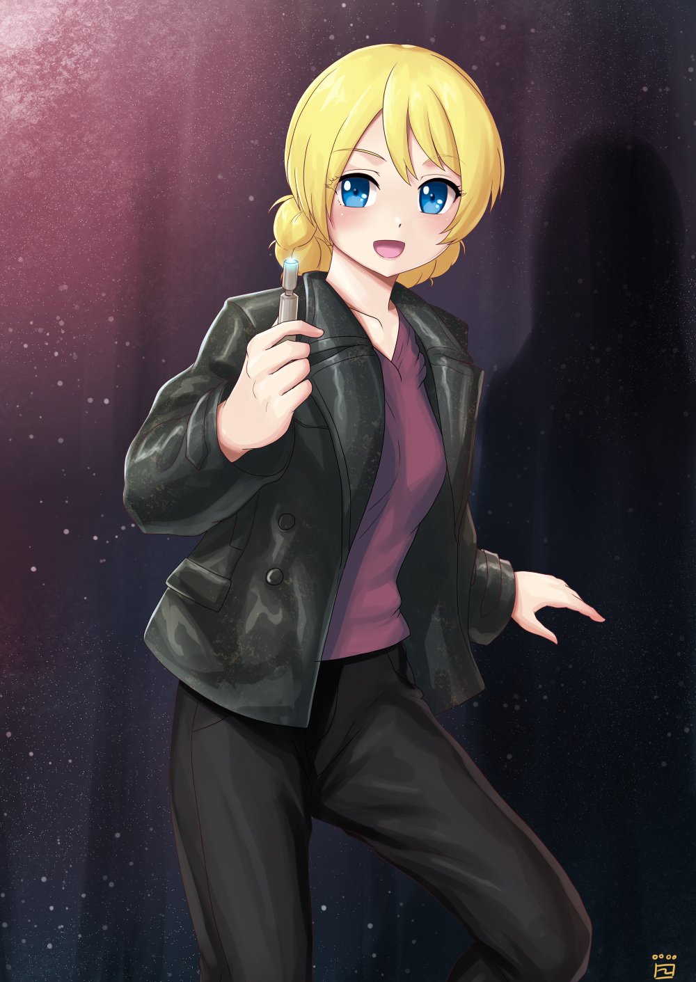 1girl black_jacket black_pants blonde_hair blue_eyes braid commentary cosplay country_connection cowboy_shot darjeeling_(girls_und_panzer) doctor_who english_commentary finalcake girls_und_panzer highres jacket long_hair ninth_doctor ninth_doctor_(cosplay) ninth_doctor_(doctor_who) pants purple_shirt shirt short_hair solo sonic_screwdriver the_doctor the_doctor_(doctor_who) twin_braids