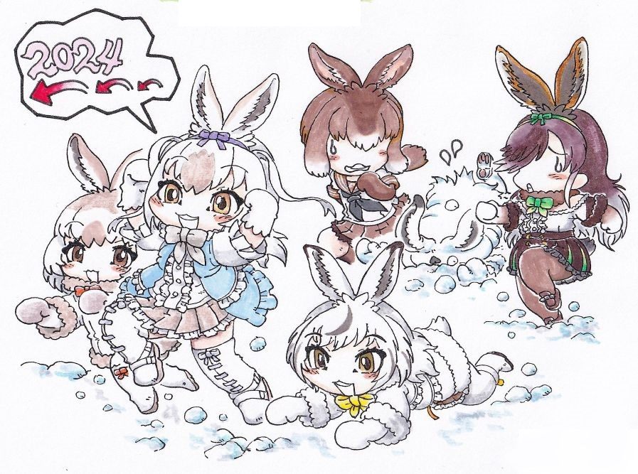 2024 6+girls :3 animal_ears arctic_hare_(kemono_friends) black_neckerchief blue_jacket blush boots bow bowtie brown_eyes brown_footwear brown_fur brown_gloves brown_hair brown_pantyhose brown_skirt brown_socks center_frills chinese_zodiac elbow_gloves european_hare_(kemono_friends) ezo_mountain_hare_(kemono_friends) faceplant frilled_jacket frilled_skirt frilled_sleeves frills fur_collar fur_trim gloves green_bow green_bowtie hair_between_eyes hair_bow hair_over_one_eye jacket japanese_hare_(kemono_friends) kemono_friends kemono_friends_3 kemono_friends_pavilion light_brown_hair loafers long_hair long_sleeves mittens mountain_hare_(kemono_friends) multicolored_hair multiple_girls neckerchief pantyhose pleated_skirt rabbit_ears rabbit_girl rabbit_tail red_bow red_bowtie running sailor_collar school_uniform serafuku shirt shoes short_hair short_sleeves sidelocks skirt snow snowshoe_hare_(kemono_friends) socks t-shirt tail thigh_boots thighhighs van_der_waals_(okb_001) white_bow white_bowtie white_footwear white_fur white_hair white_mittens white_pantyhose white_shirt year_of_the_rabbit yellow_bow yellow_bowtie yellow_eyes zettai_ryouiki