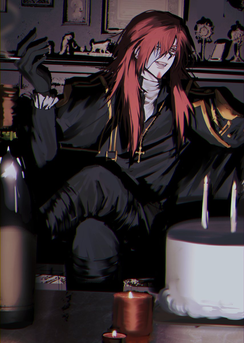 1boy black_boots black_coat black_gloves black_order_uniform black_pants black_shirt boots cake candle candlestand cigarette coat collared_shirt cross cross_marian cross_necklace crossed_legs d.gray-man facial_hair facing_to_the_side food glasses gloves hair_between_eyes highres holding holding_cigarette indoors jewelry layered_shirt lijet long_hair looking_to_the_side male_focus mature_male necklace one_eye_covered open_mouth pants portrait_(object) red_eyes red_facial_hair red_hair shirt sidelocks single_glove sitting smoke solo striped_coat table talking white_shirt