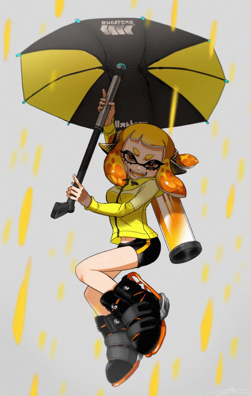 1girl agent_4_(splatoon) bike_shorts black_shoes black_shorts blunt_bangs commentary_request fangs headgear hero_brella_(splatoon) high_tops highres holding holding_weapon ink_tank_(splatoon) inkling inkling_girl inkling_player_character jacket looking_at_viewer midriff_peek navel nintendo open_mouth orange_eyes orange_hair shoes short_hair_with_long_locks shorts single_vertical_stripe sneakers solo splatoon_(series) squidbeak_splatoon tentacle_hair weapon yellow_jacket yeneny
