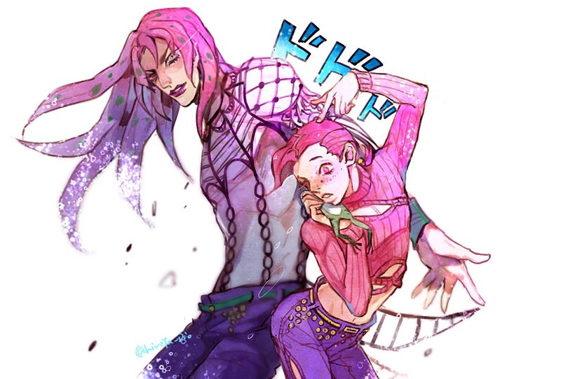2boys crop_top diavolo dodododo fishnet_top fishnets freckles frog hatoyama_itsuru jojo_no_kimyou_na_bouken long_hair male_focus midriff multiple_boys pink_eyes pink_hair polka_dot ponytail purple_hair ribbed_sweater sweater turtleneck vento_aureo vinegar_doppio