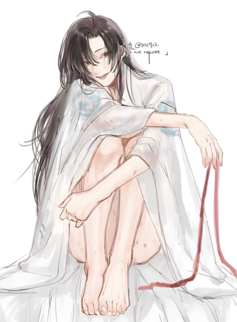 1010923 1boy ahoge alternate_costume alternate_hairstyle androgynous barefoot bed bed_sheet bishounen black_hair blush bottomless brown_eyes brown_hair chinese_clothes feet full_body hair_down hanfu hickey holding holding_ribbon implied_yaoi knees_up long_hair looking_at_viewer male_focus modao_zushi naked_robe on_bed open_clothes open_mouth open_robe partially_undressed red_ribbon ribbon robe simple_background sitting smile solo toes twitter_username watermark wei_wuxian white_background white_robe wide_sleeves