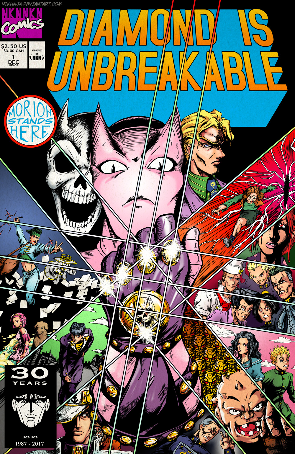 3girls 6+boys arnold_(jojo) bag character_request copyright_name cover derivative_work diamond_wa_kudakenai english_text everyone formal_clothes frown handbag heaven&#039;s_door higashikata_josuke highres hirose_koichi jojo_no_kimyou_na_bouken joseph_joestar joseph_joestar_(old) killer_queen kira_yoshikage kishibe_rohan kuujou_joutarou marvel multiple_boys multiple_girls nijimura_okuyasu nikunja parody school_uniform serafuku style_parody sugimoto_reimi suit title tonio_trussardi watermark web_address yamagishi_yukako