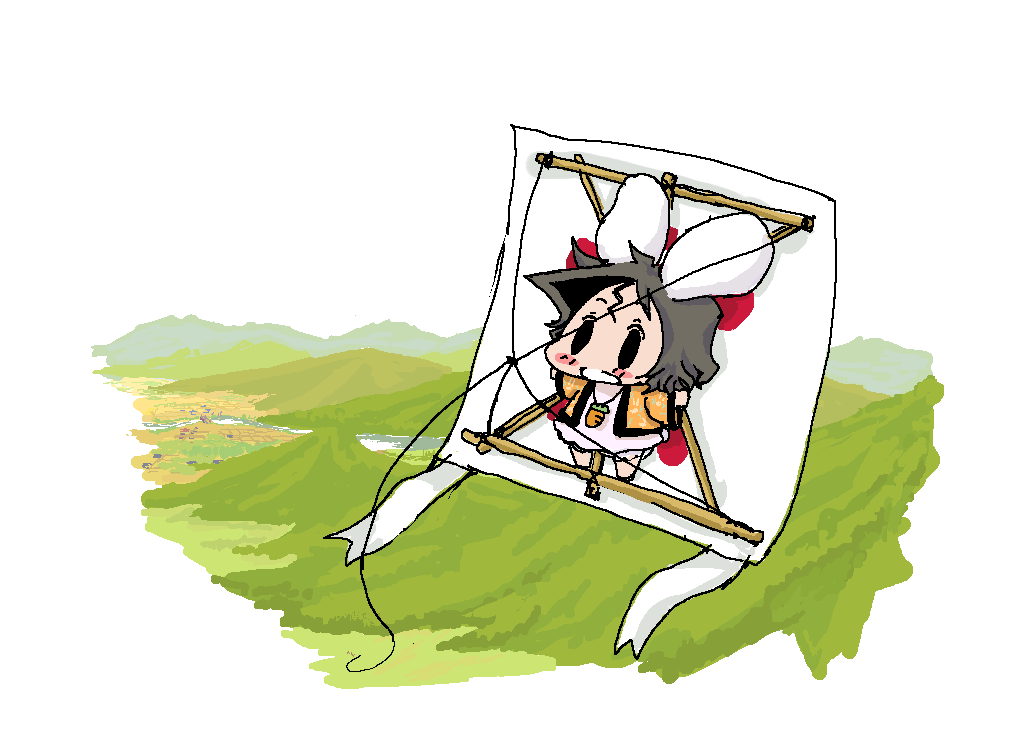 1girl baku_taso chibi female_focus full_body inaba_tewi kite outdoors plant sky solo standing touhou