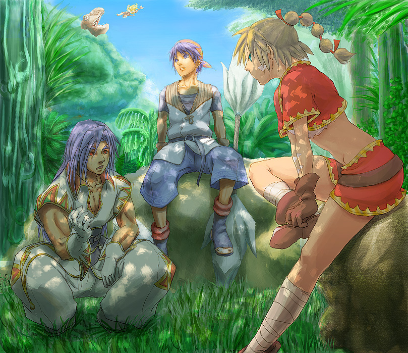 2boys blonde_hair braid breasts chrono_cross commentary_request dinosaur groin high_ponytail jewelry karsh kid_(chrono_cross) leah long_hair midriff multi-tied_hair multiple_boys multiple_girls necklace ponytail serge_(chrono_cross) short_hair
