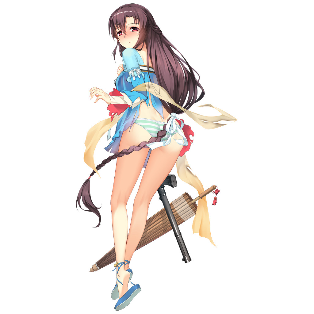 1girl artist_request blush braid closed_umbrella feet female_focus full_body girls&#039;_frontline gun hanfu holding holding_gun holding_weapon integral_suppressor integrally-suppressed_firearm long_hair long_sleeves looking_at_viewer looking_back no_pants nose_blush official_alternate_costume official_art oil-paper_umbrella panties pouch purple_eyes qixiong_ruqun shoe_dangle sleeveless smile solo striped_clothes striped_panties submachine_gun suppressor thighhighs torn_clothes transparent_background type_64_(girls&#039;_frontline) type_64_(water_gown)_(girls&#039;_frontline) type_64_smg umbrella underwear very_long_hair wardrobe_malfunction weapon