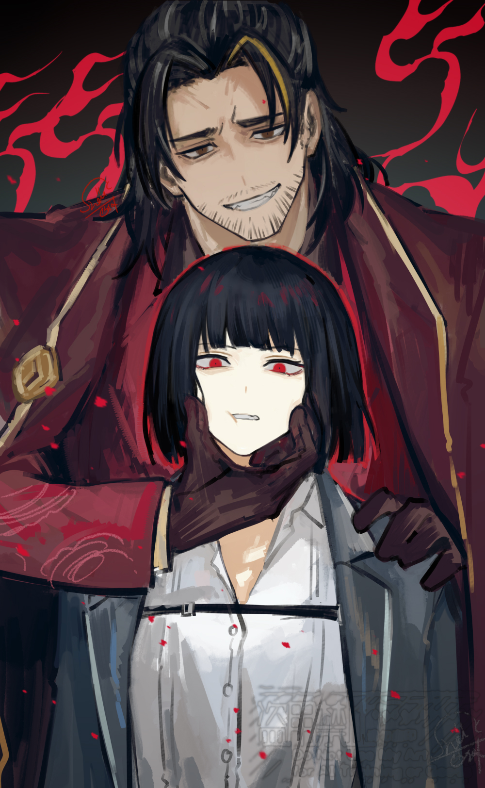 1boy 1girl beard_stubble black_hair black_jacket bob_cut brown_eyes brown_gloves coat coat_on_shoulders collared_shirt facial_hair fire gloves grin highres jacket jacket_on_shoulders lei_heng_(project_moon) limbus_company looking_at_viewer multicolored_hair nishikujic project_moon ryoshu_(project_moon) shirt short_hair smile streaked_hair stubble white_shirt