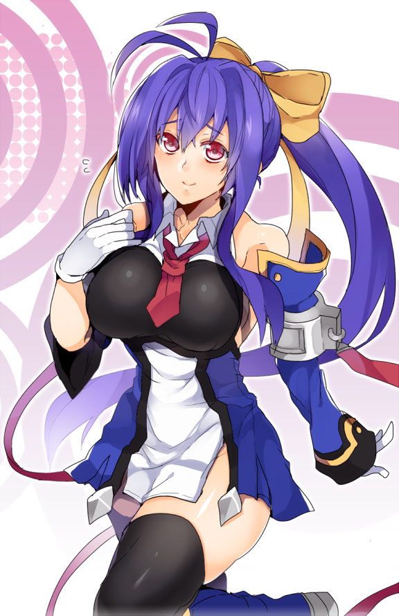 1girl antenna_hair black_thighhighs blazblue blazblue_remix_heart blue_hair blush bow breasts cosplay cowboy_shot female_focus framed_breasts genderswap genderswap_(mtf) gloves hair_bow large_breasts long_hair mai_natsume necktie noel_vermillion noel_vermillion_(cosplay) ponytail red_eyes ribbon smile solo thighhighs uniform uzukinoko very_long_hair yellow_bow