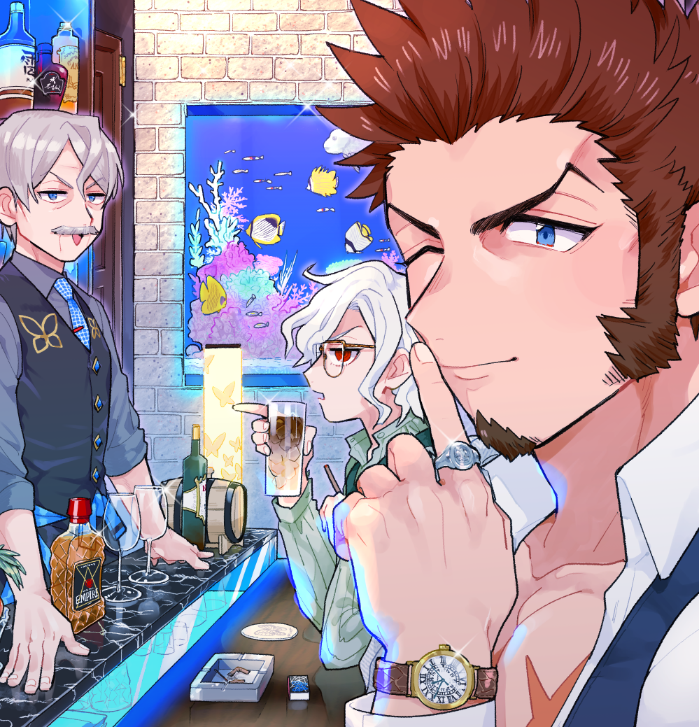 3boys beard blue_eyes cup drinking_glass edmond_dantes_(fate) facial_hair fate/grand_order fate_(series) finger_to_mouth formal_clothes glasses grey_hair james_moriarty_(archer)_(fate) james_moriarty_(gray_collar)_(fate) jewelry long_hair long_sideburns long_sleeves looking_at_another male_focus multiple_boys muscular mustache napoleon_bonaparte_(fate) open_mouth pectorals ring scar shitappa shushing sideburns sitting smile watch white_day