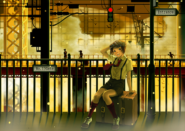 1girl arm_support bird black_eyes black_skirt brown_hair cabbie_hat crane_(animal) dress_shirt fuwa_makoto hand_on_headwear hat head_tilt kneehighs knees_together_feet_apart necktie original parted_lips people plaid_clothes plaid_headwear railing red_necktie red_socks shirt shoes short_hair short_sleeves signpost silhouette sitting sitting_on_object skirt smile socks solo_focus steam steampunk suitcase suspender_skirt suspenders train_station white_shirt wind yellow_theme