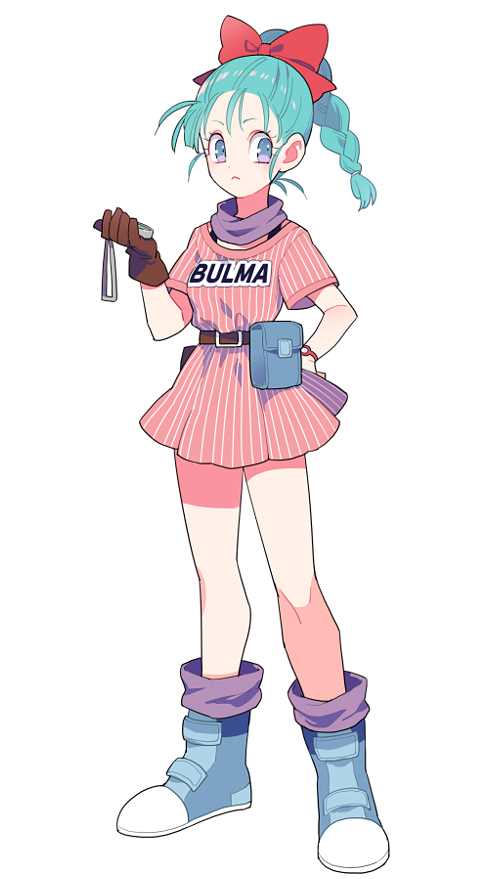 1girl bad_id bad_twitter_id belt boots bow braid brown_gloves bulma dragon_ball dragon_radar dress female_focus frown full_body gloves gum_(gmng) hair_bow hand_on_own_hip name_tag pouch purple_eyes scarf shoes simple_background sneakers solo striped vertical_stripes white_background