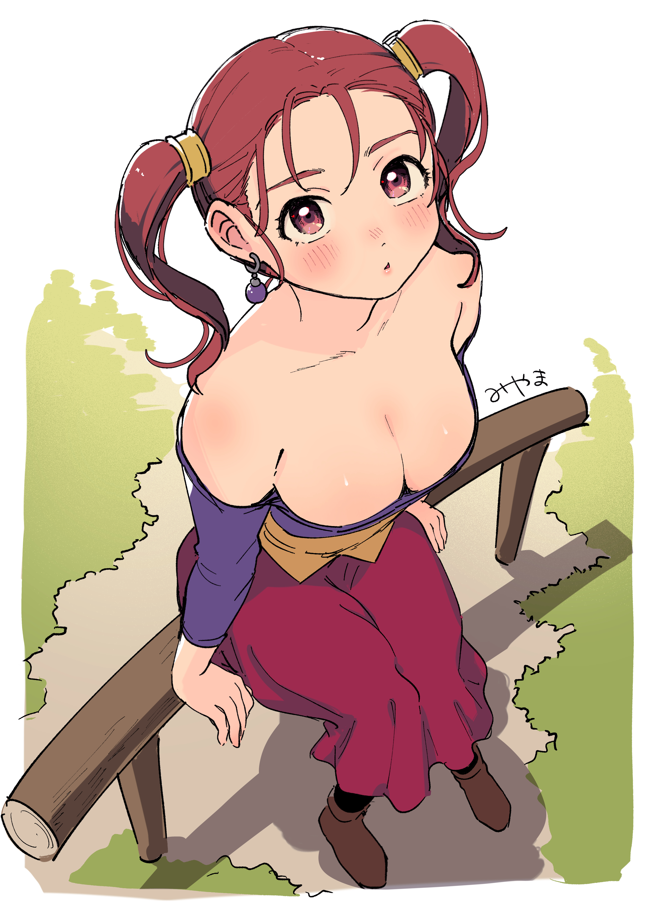 1girl absurdres bare_shoulders border breasts cleavage collarbone commentary_request dragon_quest dragon_quest_viii earrings from_above gem grass hair_pulled_back hair_tubes highres jessica_albert jewelry large_breasts looking_at_viewer looking_up miyama_(kannsannn) off_shoulder on_railing orange_hair parted_lips pink_eyes purple_gemstone purple_shirt railing red_skirt shirt sitting skirt solo sphere_earrings twintails white_border yellow_corset