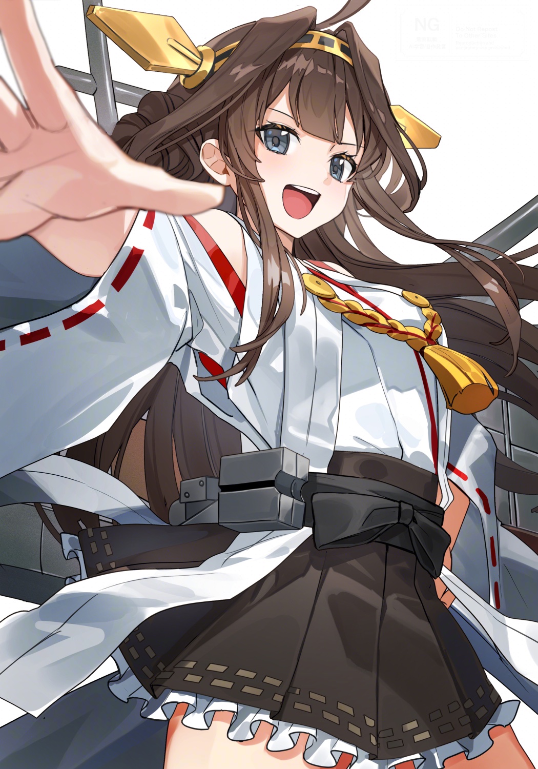 1girl ahoge bare_shoulders blush boots brown_hair cannon detached_sleeves double_bun frilled_skirt frills frogging hair_between_eyes hair_bun hair_ornament hairband headgear high_heels highres japanese_clothes kantai_collection kongou_(kancolle) kongou_kai_ni_(kancolle) kongou_pose long_hair machinery miniskirt nontraditional_miko official_art open_mouth outstretched_arm ribbon ribbon-trimmed_sleeves ribbon_trim rigging sash ship_turret skirt smile solo source_request tachi-e thigh_boots thighhighs torpedo_launcher transparent_background tsugutoku zettai_ryouiki