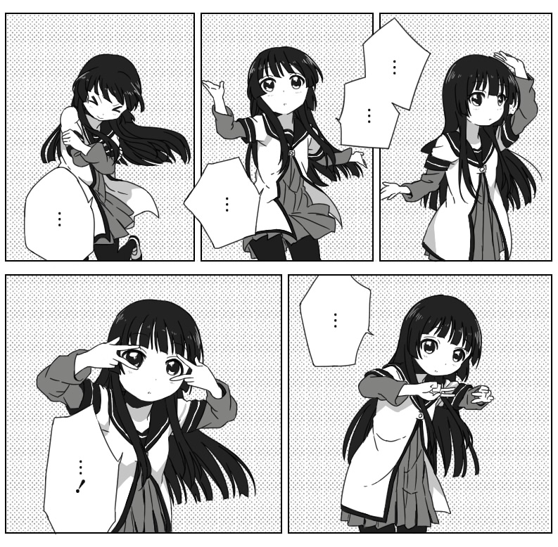 &gt;_&lt; ... 1girl black_pantyhose closed_eyes comic dancing derivative_work double_v greyscale matsumoto_rise monochrome pantyhose school_uniform serafuku shikou_sakugo_(qqap9gt9k) shikousakugo speech_bubble spoken_ellipsis v v_over_eye yuruyuri