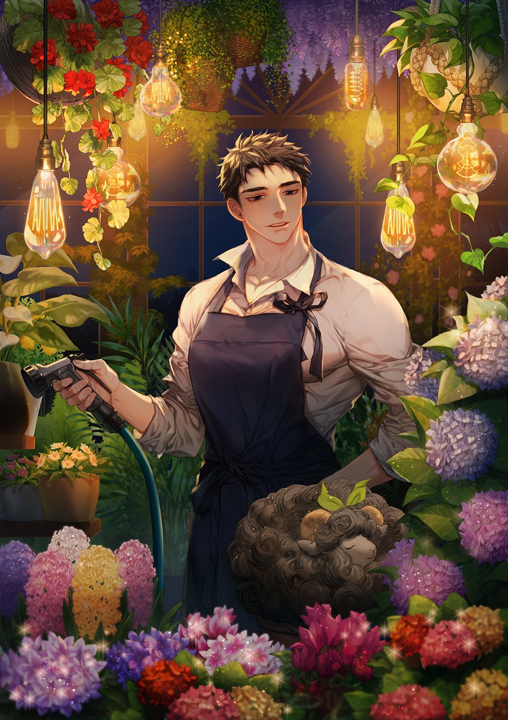 1boy animal apron bara black_apron black_hair black_sheep clover collared_shirt daisy_(flower) flower flower_pot gardening highres holding holding_hose hose lamp large_pectorals light male_focus muscular muscular_male night original pectorals pink_flower plant purple_flower red_flower sheep shirt short_hair sleeves_rolled_up smile solo ssong-ga white_shirt window yellow_flower