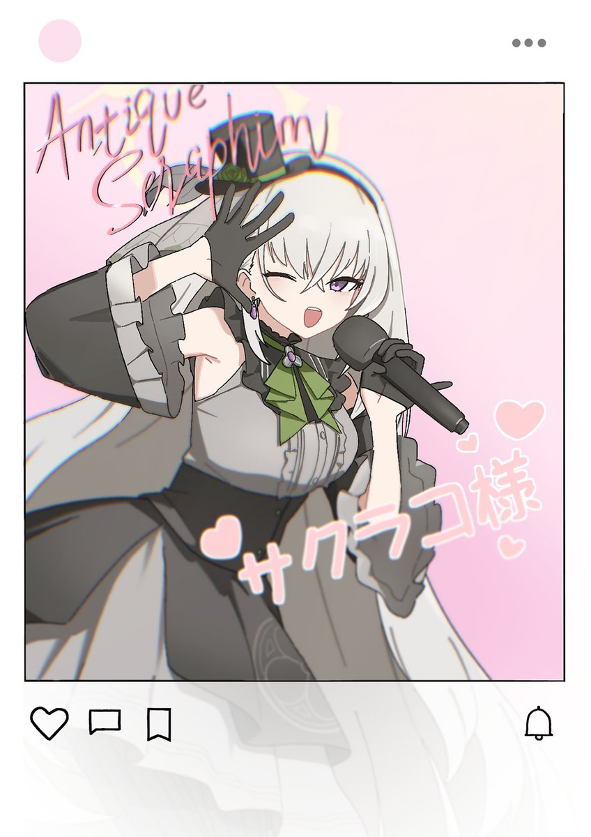 1girl ;d adon_(dufaladanidu) black_dress black_gloves black_hat blue_archive blush character_name commentary cowboy_shot crossed_bangs dress earrings english_text flower frilled_dress frilled_sleeves frills gloves green_flower green_rose grey_dress grey_hair hair_between_eyes half_gloves hands_up happy hat hat_feather hat_flower heart highres holding holding_microphone idol idol_clothes jewelry long_hair long_sleeves looking_at_viewer microphone official_alternate_costume one_eye_closed open_mouth outstretched_hand photo_(object) pink_background purple_eyes rose sakurako_(blue_archive) sakurako_(idol)_(blue_archive) simple_background sleeveless sleeveless_dress smile solo teeth top_hat tsurime two-tone_dress upper_teeth_only very_long_hair wide_sleeves