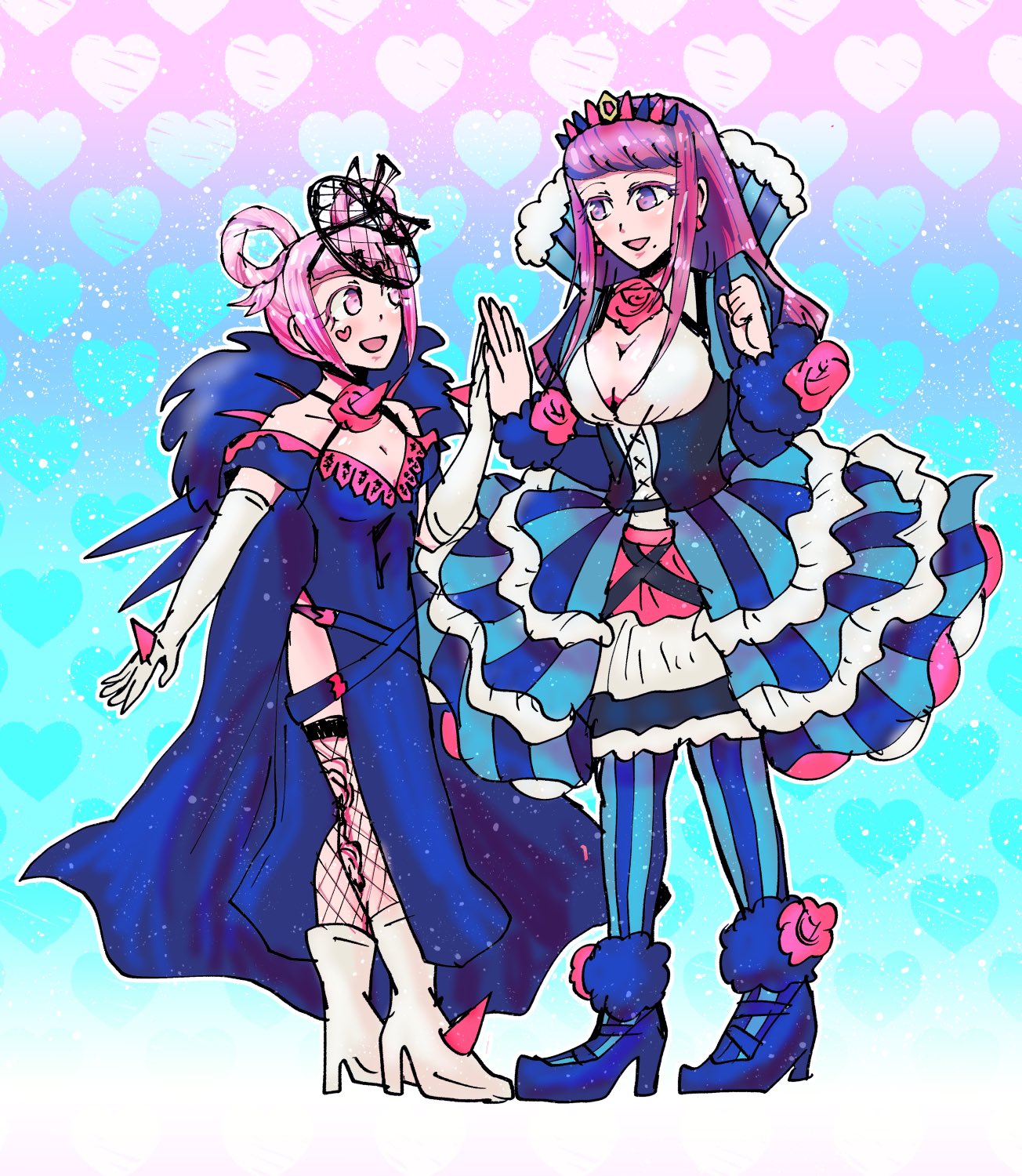 2girls aqua_pantyhose brooch cosplay costume_switch cross-laced_clothes cross-laced_dress dress facial_mark fascinator fire_emblem fire_emblem_engage fishnet_thighhighs fishnets flower_brooch folded_twintails hair_flaps hair_rings heart heart_facial_mark highres hortensia_(fire_emblem) hortensia_(fire_emblem)_(cosplay) hrtiki ivy_(fire_emblem) ivy_(fire_emblem)_(cosplay) multiple_girls nintendo pantyhose pink_eyes pink_hair purple_eyes purple_hair see-through_clothes see-through_headwear siblings sisters spiked striped_clothes striped_dress thighhighs thorn_print two-tone_pantyhose vertical-striped_clothes vertical-striped_dress