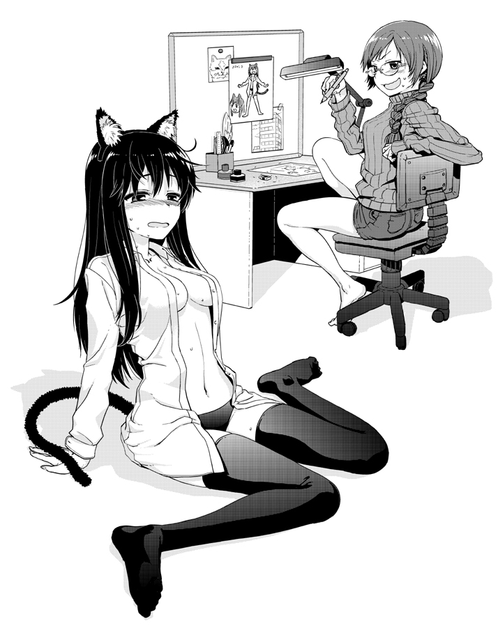 2girls abua aftersex animal_ears bare_shoulders barefoot black_panties blush braid breasts bulletin_board cat_ears cat_tail chair dress_shirt feet glasses greyscale holding inkwell lamp long_hair monochrome multiple_girls navel nearly_naked_shirt no_bra no_pants no_shoes open_clothes open_shirt original panties pen quill ribbed_sweater shirt short_shorts shorts simple_background single_braid sitting sweat sweater tail thighhighs underwear wariza white_background yuri