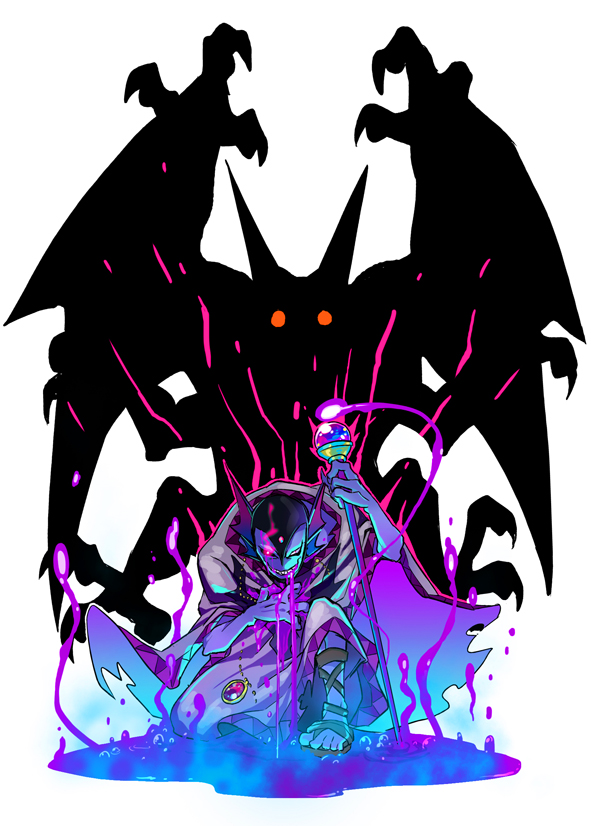 2boys blood blood_from_mouth blood_on_chest blood_on_clothes blue_skin broken_necklace clutching_chest colored_skin commentary_request dragon_quest dragon_quest_ii dragon_quest_monster_battle_road_victory evil_grin evil_smile eyed_silhouette fins floating_clothes gladiator_sandals grin hargon head_fins holding holding_staff horns igaiga injury jewelry kneeling_on_liquid looking_at_viewer mage_staff monster monster_boy multiple_boys necklace official_alternate_design on_one_knee one_eye_closed pool_of_blood purple_blood red_eyes robe sandals sidoh silhouette smile staff torn_clothes torn_robe white_background white_robe