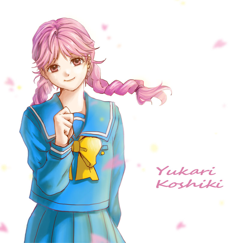 1girl arm_at_side blue_sailor_collar blue_serafuku bow braid character_name hand_up kirameki_high_school_uniform koshiki_yukari long_sleeves nakaharaka pink_hair red_eyes sailor_collar school_uniform serafuku simple_background solo standing tokimeki_memorial tokimeki_memorial_1 twin_braids twintails white_background yellow_bow