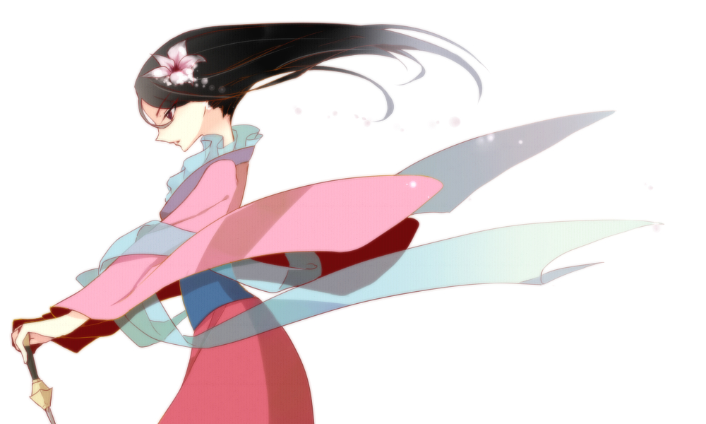 1girl black_hair chinese_clothes company_name dress expressionless fa_mulan_(disney) flower from_side hair_flower hair_ornament hanfu izusetsu lips lipstick long_hair makeup mulan_(movie) pink_hanfu simple_background solo upper_body