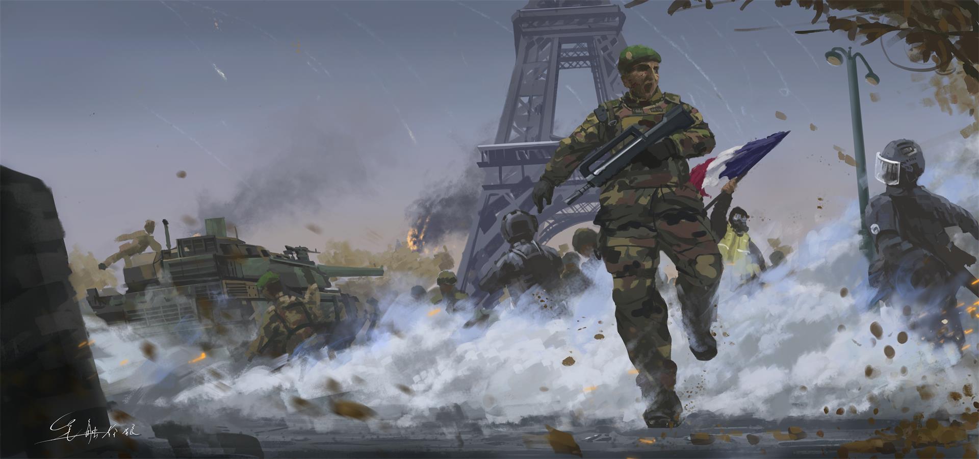 1boy 6+others assault_rifle beret body_armor bullpup camouflage eiffel_tower famas flag french_army french_flag gas_mask gun hat high-visibility_clothing high-visibility_vest highres holding holding_flag lamppost leclerc_(tank) mask military_vehicle motor_vehicle multiple_others open_mouth original paris rifle shouhui_lang_qun signature smoke solo_focus tank tree weapon