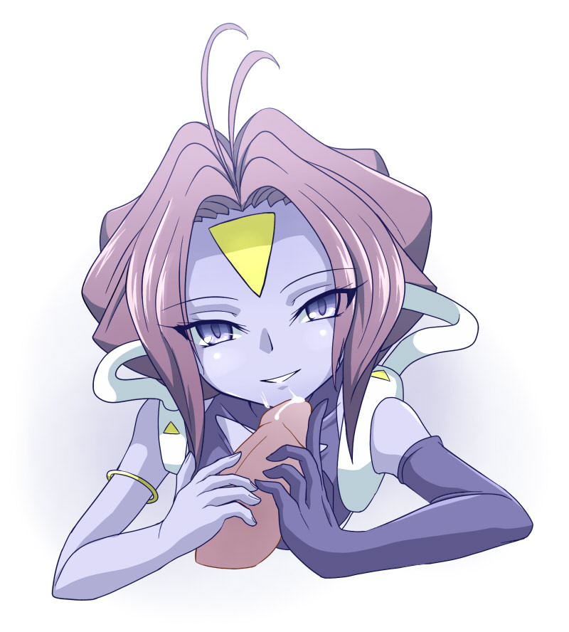 1boy 1girl bishoujo_senshi_sailor_moon bishoujo_senshi_sailor_moon_(first_season) blue_eyes blue_skin clam_curry cleavage_cutout clothing_cutout colored_skin crop_top cum cum_on_body disembodied_penis eyes_visible_through_hair facial facial_mark forehead_mark gloved_handjob gloves grin handjob hetero looking_at_viewer monster_girl penis pollux_(sailor_moon) purple_hair simple_background single_glove smile white_background