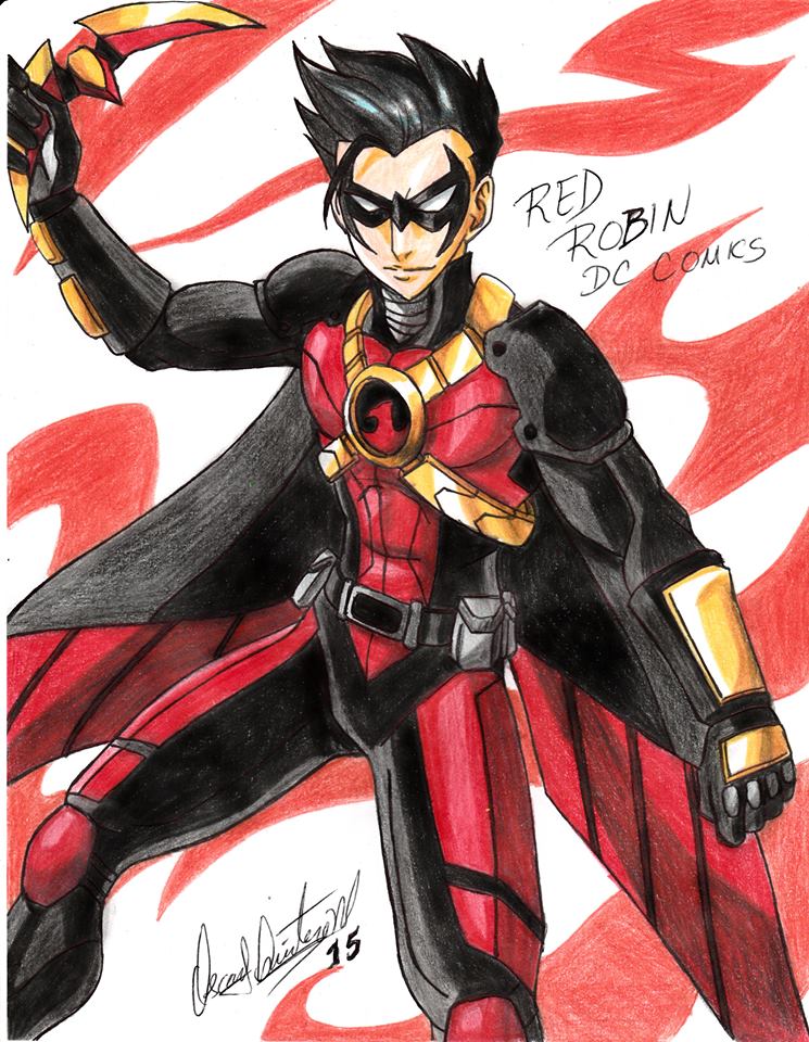 1boy 2015 batman_(series) belt black_gloves black_hair bodysuit cape dc_comics domino_mask gloves holding holding_weapon mask mask_on_head ravernclouk_design red_bodysuit red_robin simple_background tim_drake traditional_media weapon