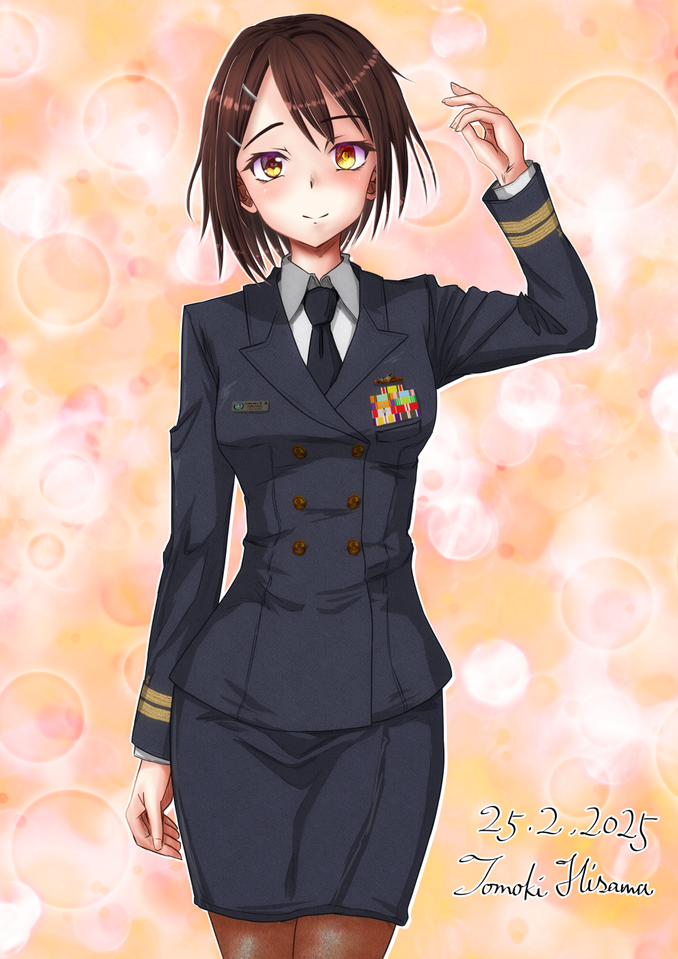 1girl alternate_costume black_jacket black_necktie black_skirt breasts brown_pantyhose dated furutaka_(kancolle) hair_ornament hairclip heterochromia highres hisamatomoki jacket kantai_collection long_sleeves looking_at_viewer medium_breasts military_dress_uniform military_rank_insignia military_uniform naval_dress_uniform naval_uniform necktie pantyhose shirt skirt smile solo standing white_shirt yellow_eyes