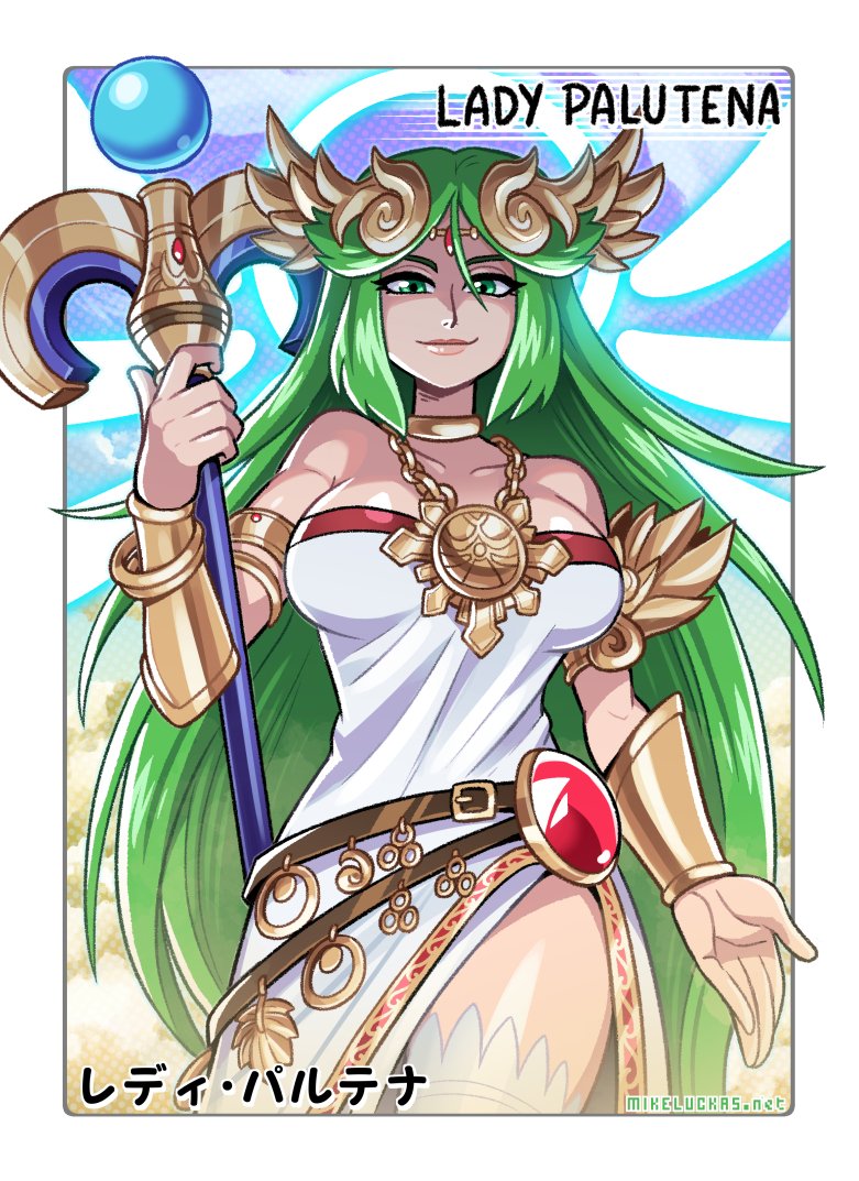 1girl breasts chain character_name circlet collarbone cowboy_shot datskelebutt female_focus gold_chain green_eyes green_hair holding holding_staff kid_icarus kid_icarus_uprising long_hair looking_at_viewer mike_luckas nintendo palutena solo staff thighhighs vambraces very_long_hair white_thighhighs