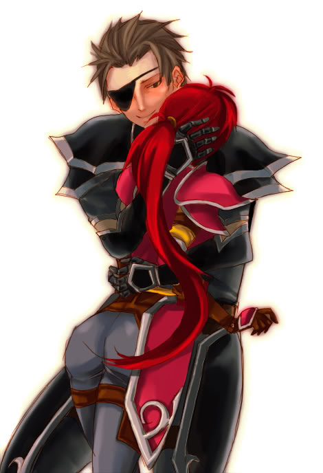 armor ass black_eyes brown_hair couple eyepatch fire_emblem fire_emblem:_path_of_radiance fire_emblem:_radiant_dawn haar_(fire_emblem) hand_on_head hand_on_own_hip hip_focus hug jill_(fire_emblem) long_hair nintendo ponytail red_hair short_hair smile wyvern_rider