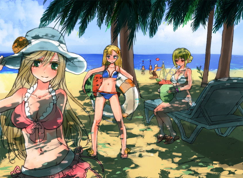! 3boys 3girls alternate_costume bad_id ball beach_chair beachball bikini blonde_hair blue_bikini blue_eyes blush breast_envy breasts cecil_damon cleavage closed_mouth cloud commentary_request eremes_guile flat_chest full_body green_eyes hair_bun hat howard_alt-eisen kathryne_keyron lala_(sputnik) large_breasts long_hair margaretha_sorin multiple_boys multiple_girls navel open_mouth outdoors palm_tree pink_bikini ragnarok_online sand_castle sand_sculpture seyren_windsor short_hair single_hair_bun sitting smile standing sun_hat swimsuit tree watermelon_beachball white_bikini white_hair