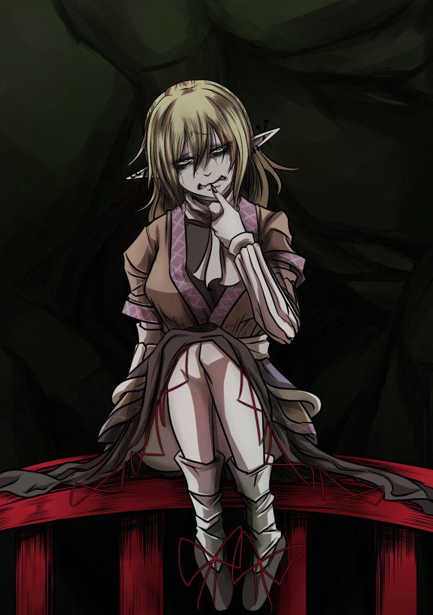 1girl arm_warmers bags_under_eyes biting biting_own_thumb black_shirt black_shoes black_skirt blonde_hair breasts brown_shirt commentary_request fingernails full_body green_background green_eyes hair_between_eyes highres long_bangs looking_at_viewer loose_socks medium_breasts mizuhashi_parsee nail_(hardware) on_railing pointy_ears railing raised_eyebrows red_ribbon ribbon sash scarf sei_no_ji sharp_fingernails shirt shoes short_hair short_sleeves sitting skirt socks solo spiked_ear_piercing touhou undershirt white_sash white_scarf white_socks