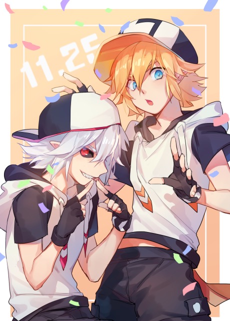 2boys :o alternate_eye_color alternate_hair_color aotu_world baseball_cap black_gloves black_hat black_pants black_sclera black_shorts blonde_hair blue_eyes bokyo colored_sclera confetti cowboy_shot dated dual_persona fingerless_gloves fingernails gloves grin hair_between_eyes hair_over_one_eye hat hood hood_down hoodie index_finger_raised king_(aotu_world) king_(dark)_(aotu_world) looking_at_viewer male_focus multicolored_hoodie multiple_boys open_mouth pants pointy_ears red_eyes sharp_teeth shirt short_hair short_sleeves shorts simple_background sleeveless sleeveless_hoodie smile teeth v white_hair white_hat white_hoodie white_shirt