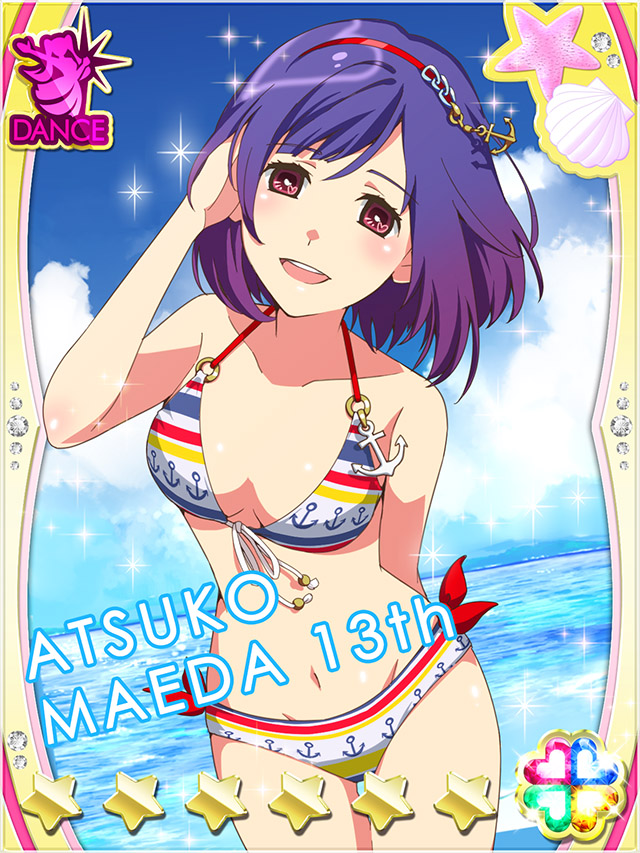 1girl :d akb0048 anchor_print arm_behind_back bikini card_(medium) character_name cloud collarbone cowboy_shot cumulonimbus_cloud dutch_angle groin hairband hand_in_own_hair heart looking_at_viewer maeda_atsuko_(akb0048) multicolored_bikini navel non-web_source ocean official_art open_mouth outdoors print_bikini purple_eyes purple_hair red_hairband smile solo sparkle standing star_(symbol) string_bikini summer swimsuit teeth upper_teeth_only