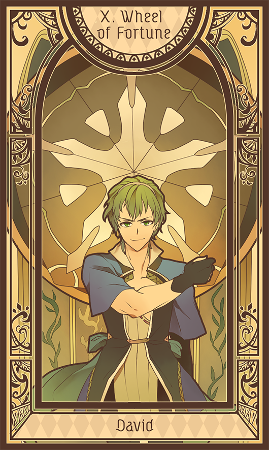 1boy bad_id bad_pixiv_id card_(medium) david_(fate) david_(fate/apocrypha) fate/apocrypha fate/grand_order fate_(series) green_hair heru_(goldprin) male_focus solo tarot tarot_(medium) wheel wheel_of_fortune_(tarot)