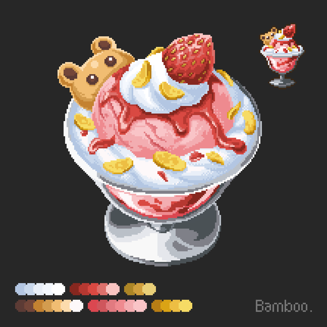 artist_name bamboobeboo black_background bowl color_guide commentary cookie cream english_commentary food food_focus fruit glass_bowl ice_cream no_humans original pixel_art simple_background strawberry sundae