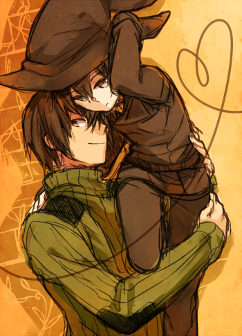 00s 1boy 1girl asahikawa_hiyori black_eyes black_hair hat kino_(kino_no_tabi) kino_no_tabi lowres scarf shizu_(kino_no_tabi) short_hair witch_hat