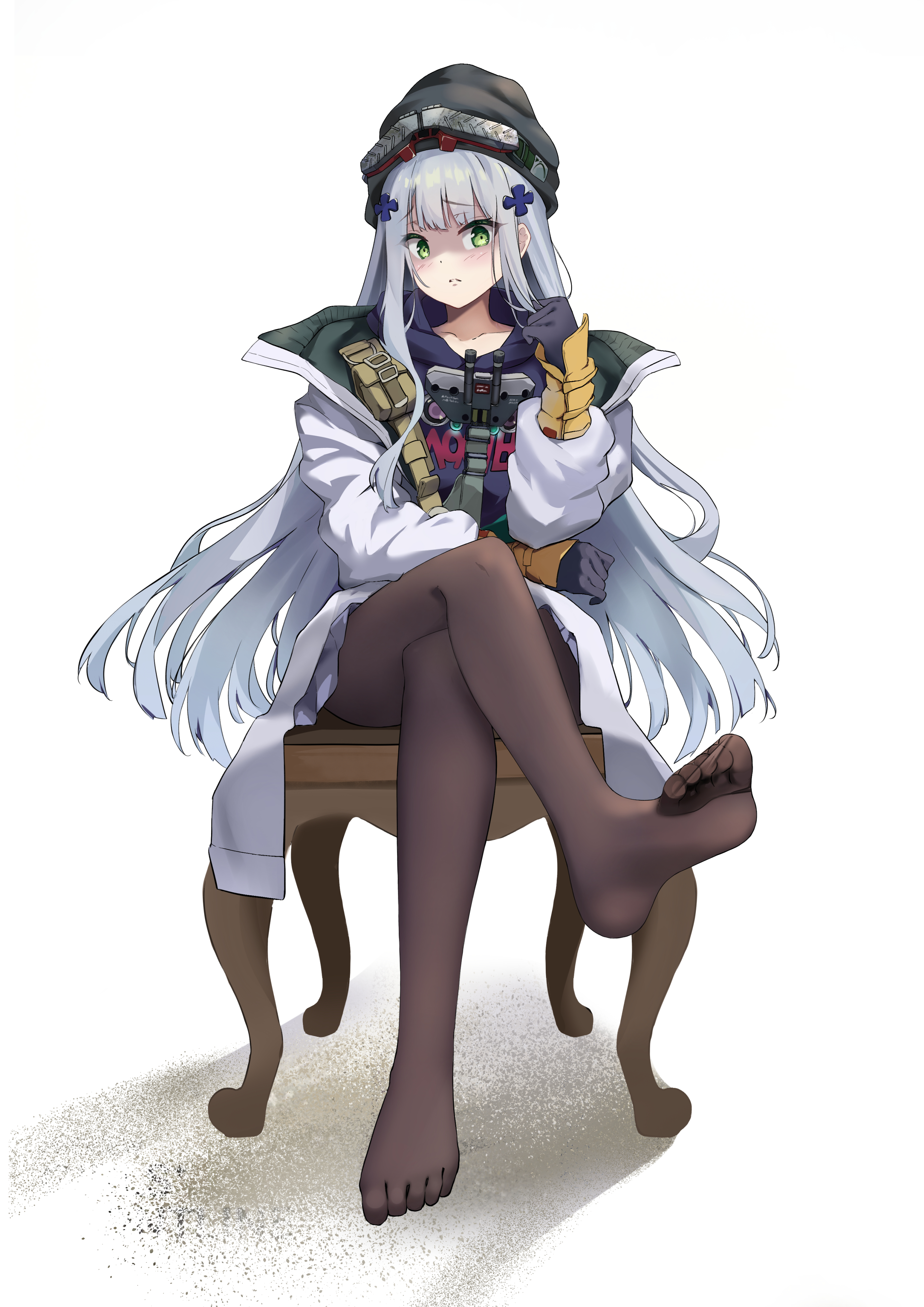1girl absurdres black_gloves blush clukay_(neural_cloud) coat cross crossed_legs feet frown girls'_frontline girls'_frontline_neural_cloud gloves green_eyes hair_ornament hairclip hand_up hat highres hk416_(girls'_frontline) hood hoodie iron_cross long_hair looking_at_viewer no_shoes open_clothes open_coat pantyhose purple_hoodie shaded_face sitting soles solo sweetalpha toes very_long_hair white_coat white_hair