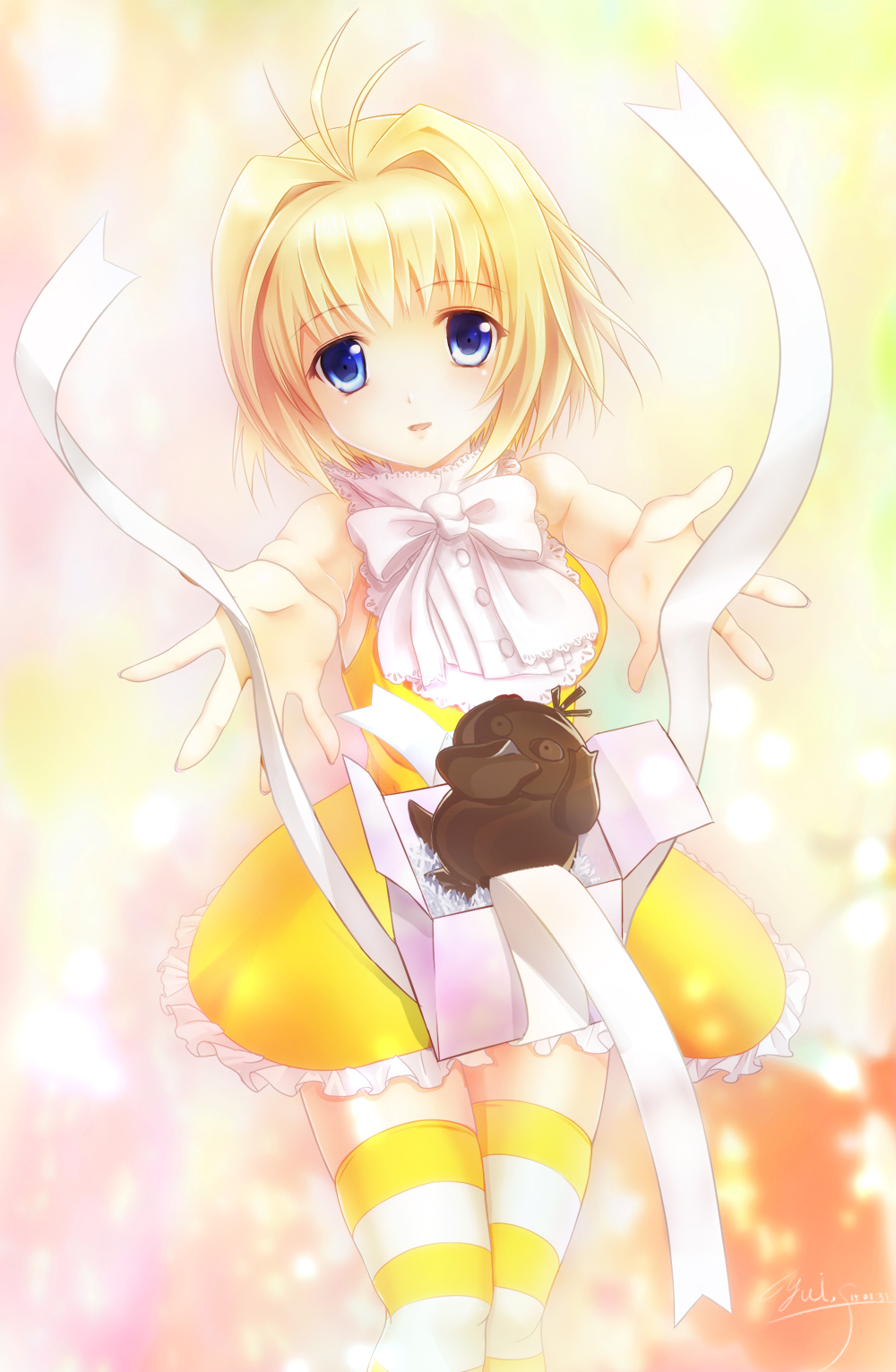 1girl ahoge artist_name blonde_hair blue_eyes chocolate dated female_focus gen_1_pokemon gift hair_intakes highres looking_at_viewer nintendo personification pokemon psyduck ribbon skirt solo striped_clothes striped_legwear striped_thighhighs thighhighs yellow_skirt yuitsuki1206