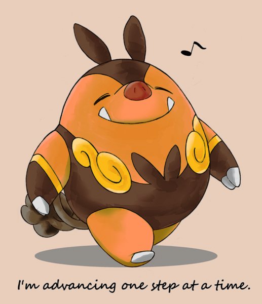 brown_background claws closed_eyes closed_mouth english_text fangs full_body gen_5_pokemon hijirino_yuuta musical_note nintendo no_humans nostrils pignite pokemon pokemon_(creature) shadow simple_background solo standing