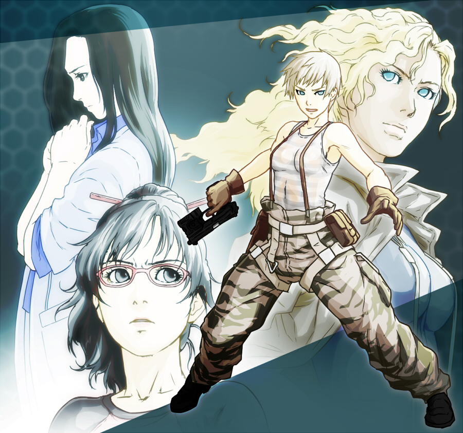 4girls an/peq-6 black_hair blonde_hair blue_eyes breasts cargo_pants emma_emmerich female_soldier flashlight fortune_(metal_gear) glasses gloves gun h&amp;k_mark_23 handgun insight_technology konami laser_aiming_module laser_pointer laser_sight long_hair match_grade match_grade_firearm match_grade_pistol md5_mismatch metal_gear_(series) metal_gear_solid_2:_sons_of_liberty military multicolored_pants multiple_girls offensive_handgun olga_gurlukovich pants pistol pouch red-framed_eyewear resolution_mismatch rosemary shirt short_hair sjw_kazuya soldier source_larger striped_clothes striped_shirt suspenders tactical_light tank_top trigger_discipline weapon