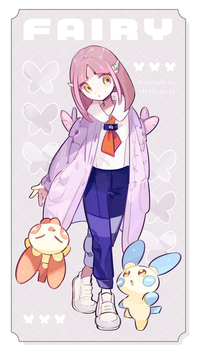 1girl blue_pants cardigan closed_eyes commentary_request english_text full_body gen_3_pokemon hair_ornament hairclip highres higuchi_megumi lacey_(pokemon) long_sleeves minun neckerchief nintendo open_cardigan open_clothes pants pink_hair plusle pokemon pokemon_(creature) pokemon_sv purple_cardigan red_neckerchief shirt shoes simple_background standing white_shirt white_shoes yellow_eyes