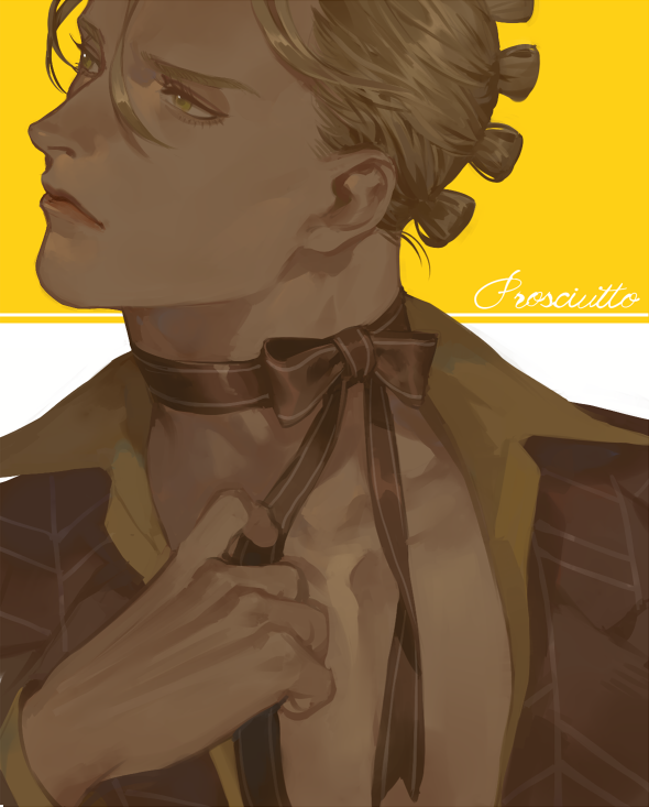 1boy character_name closed_mouth eyelashes hair_between_eyes jojo_no_kimyou_na_bouken long_sleeves male_focus neck_ribbon pectorals prosciutto ribbon short_hair solo two-tone_background vento_aureo white_background yellow_background zoo_(oukakumaku)