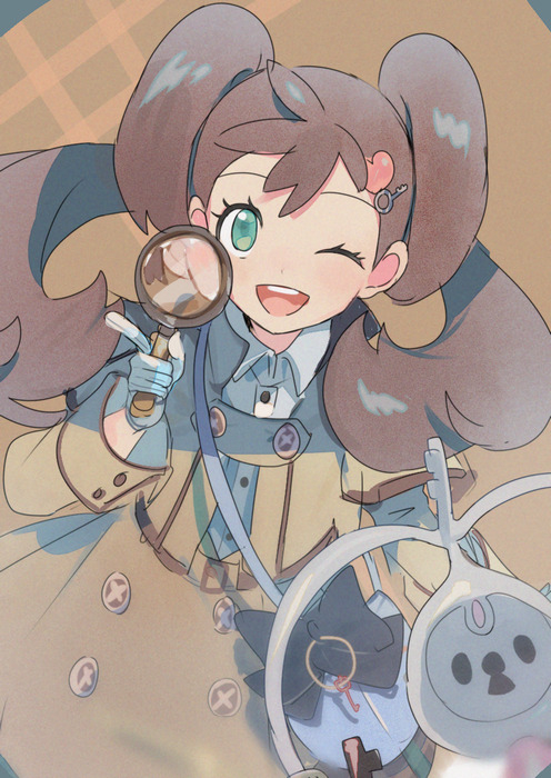 1girl ;d brown_hair buttons collared_shirt commentary_request eyelashes gen_6_pokemon gloves green_eyes hand_up holding holding_magnifying_glass klefki long_hair long_sleeves magnifying_glass mxkjxm_(nhss2337) nintendo official_alternate_costume one_eye_closed open_mouth pokemon pokemon_(creature) pokemon_masters_ex shauna_(pokemon) shauna_(special_costume)_(pokemon) shirt smile teeth twintails upper_teeth_only white_gloves white_shirt