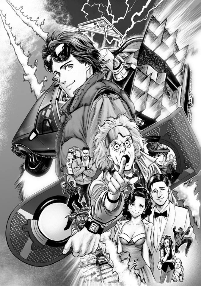 1980s_(style) back_to_the_future back_to_the_future_part_ii back_to_the_future_part_iii baseball_bat biff_tannen biff_tannen_junior breasts car character_request christopher_lloyd cleavage delorean dog dress einstein_(back_to_the_future) electricity emmett_brown epic flying_car formal_clothes goggles greyscale guitar hat instrument lightning locomotive lore lorraine_baines marty_mcfly michael_j._fox monochrome motor_vehicle murata_yuusuke non-web_source official_art oldschool promotional_art retro_artstyle scan science_fiction suit sunglasses time_machine traditional_media train universal_studios vest