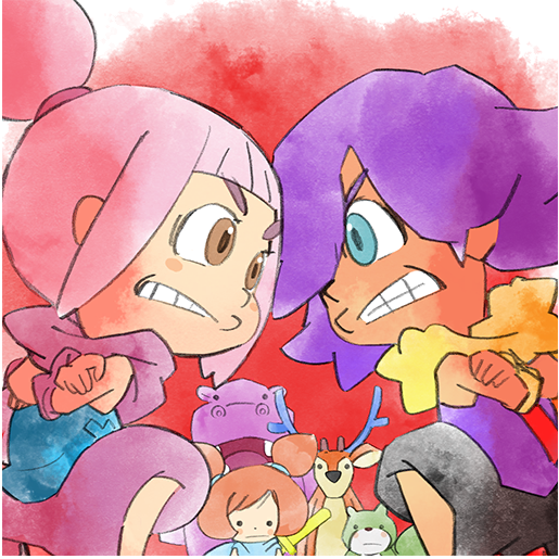 1boy 2girls ana_(warioware) animal brown_eyes child clenched_teeth crossed_arms double_bun green_eyes hair_bun kat_(warioware) multiple_girls nintendo official_art orange_hair pink_hair purple_hair purple_scarf scarf takeuchi_kou teeth third-party_source warioware warioware:_get_it_together!